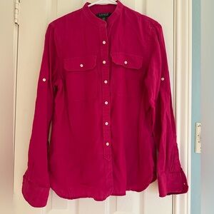 Lauren Ralph Lauren Hot Pink Long Sleeve Button Down 100% Linen Old Money Medium